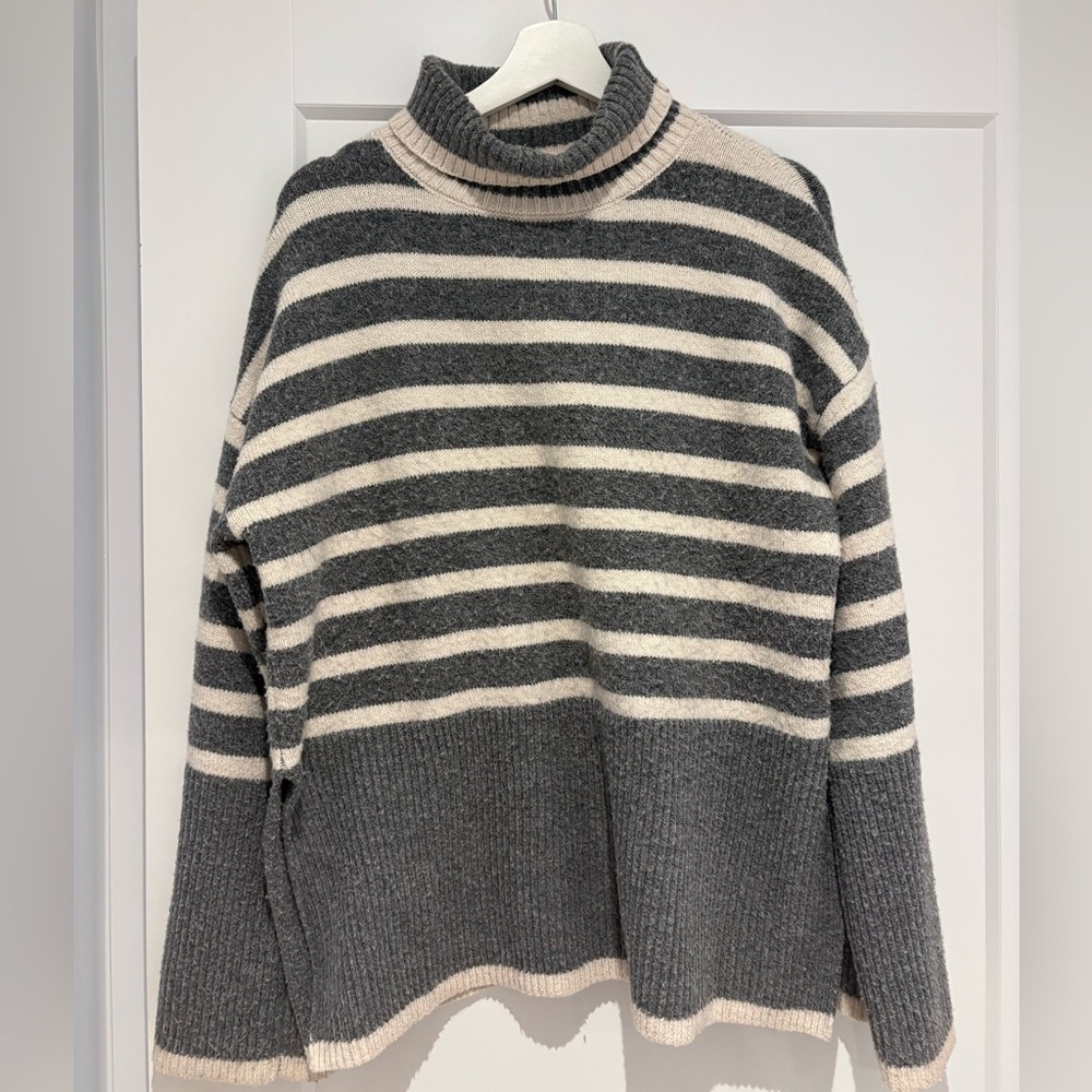 OAK + FORT Gray and Cream Striped Turtleneck Sweater